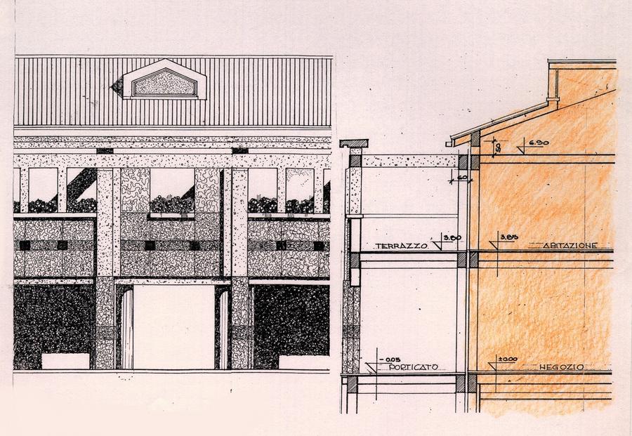 Sezione e prospetto delle case sulla piazza